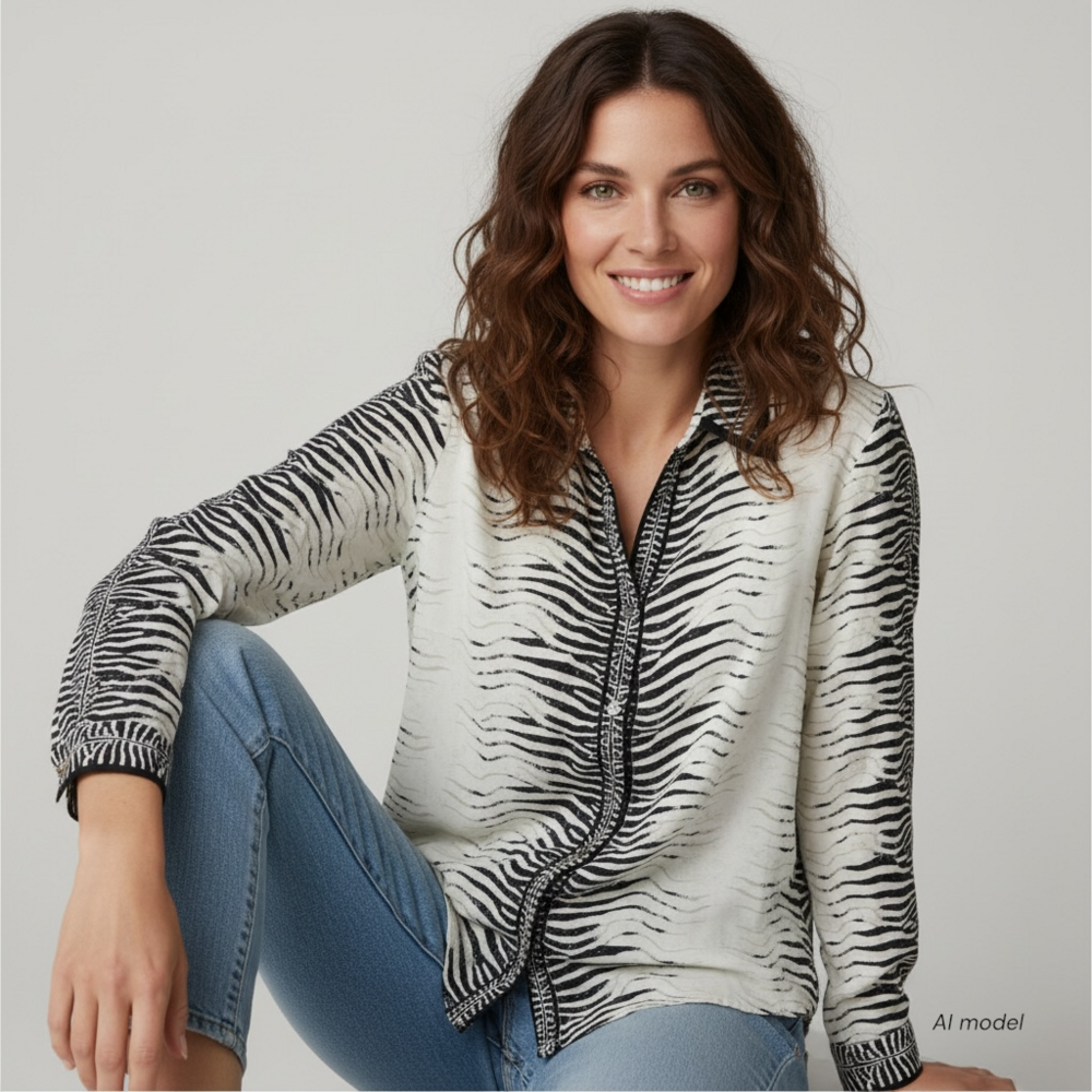 Roberto Cavalli Blouse 46 Women 10 Off White Zebra Print Silk Button Front Italy